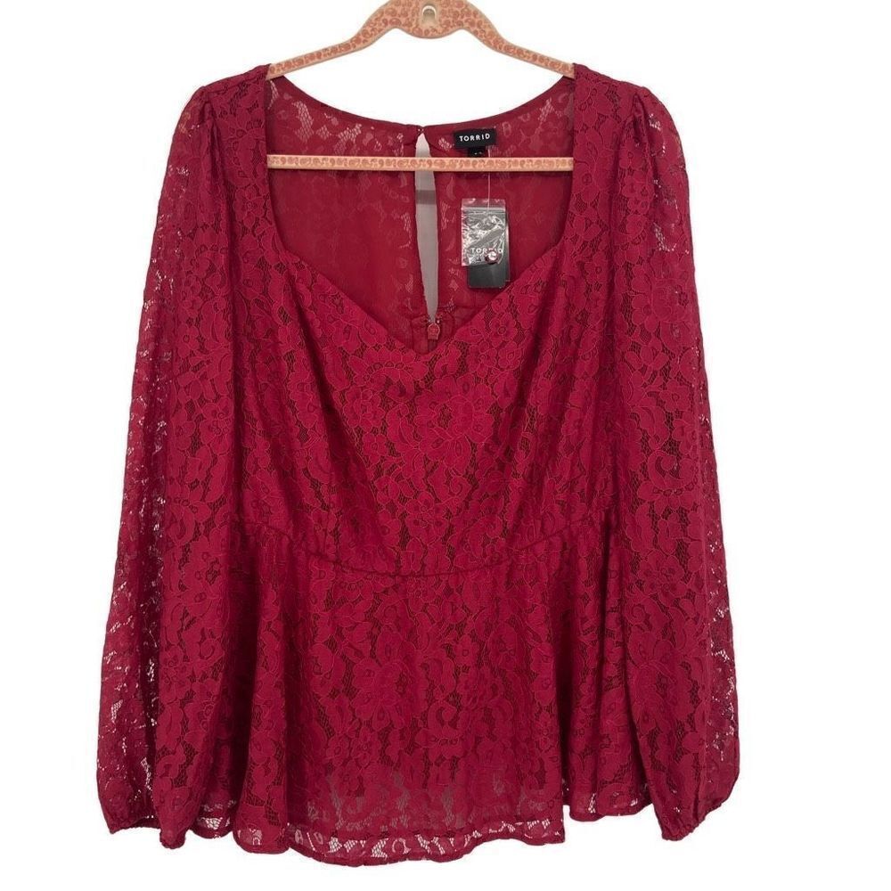Torrid Peplum Lace Puff Sleeve‎ Top Rhubarb Red 1X NWT